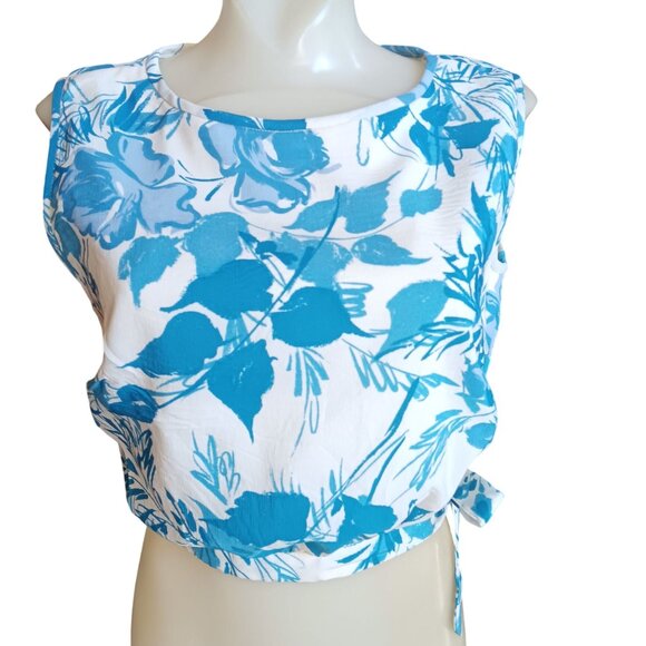 Medium Vintage 1960's Floral Crop Top Side Tie Zip Closure Sleeveless Nylon Blue - Picture 1 of 8